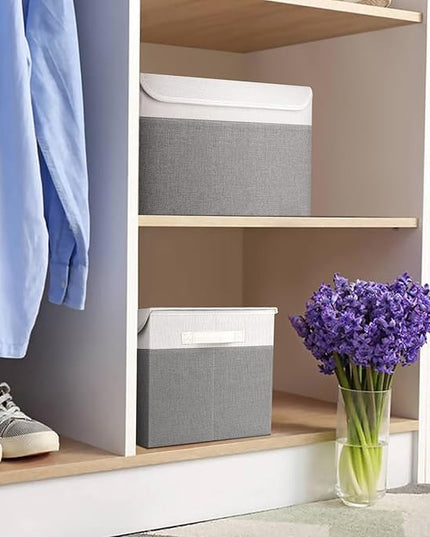 Large 22 Quart Linen Fabric Foldable Storage Bin Cube Organizer Basket with Flip-Top Lid & Handles, Clothes Blanket Box for Home, Office, Closet, Gray & White, 4 Pack 14.6 x 9.5 x 9.5”