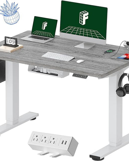 FLEXISPOT EN2 Whole-Piece Standing Desk with Clamp Power Strip, 48 x 30 Electric Stand Up Height Adjustable Desk with Cable Management (White Frame + 48" Gray Wood Grain, 2 Packages)