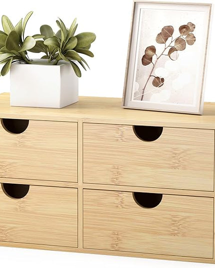 Bamboo Desk Organizer with Drawers - Small Desktop Countertop Mini Tabletop Storage Container - No Assembly Required