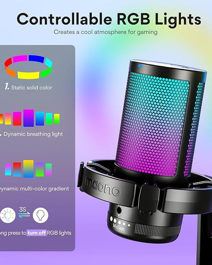 MAONO USB Gaming Microphone for PC, Noise Cancellation Condenser Mic with RGB Lights, Mute, Gain for Streaming, Recording, Podcast, Chat, Twitch, YouTube, Discord, Computer, PS5, PS4, GamerWave