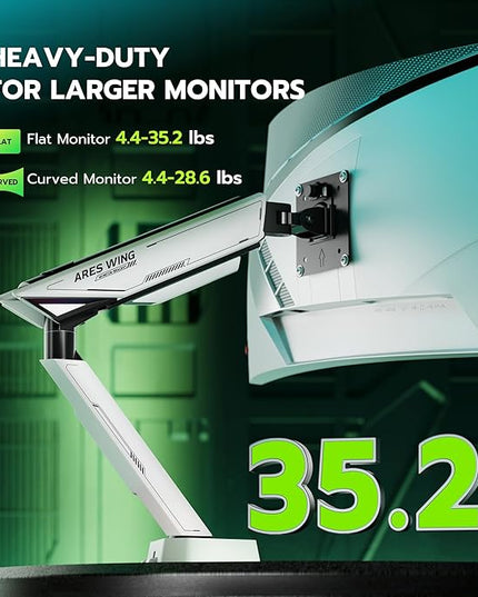 ARES WING RGB Single Monitor Arm Desk Mount for 17-45 inches Flat and Curved Monitors, Holds 35.2 lbs Heavy Duty, Adjustable Ultrawide Monitor Arm with Clamp & Grommet Base, 75/100 VESA Mount, White