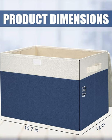 Large 17" 42 Quarts Collapsible Stackable Storage Bins with Lids [3-Pack] Foldable Fabric Linen Storage Boxes Cube, Closet Organizer Baskets with Label for Home (16.7 x 12 x 12", Navy Blue & White)