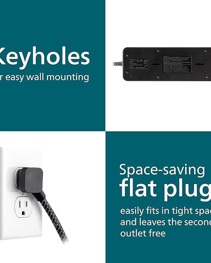 Philips 9-Outlet Surge Protector with USB Charging, 6ft Braided Extension Cord, 1USB-A, 1USB-C, 2400J, Adapter Spaced, Black - SPP3983B/37