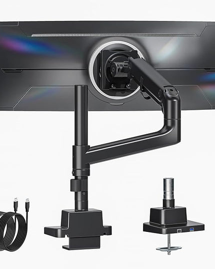 monTEK Heavy-Duty Single Monitor Arm for 17-57 inch, up to 59.4lbs Ultrawide Screens,Gas Spring Dual Curved Adjustable Monitor Stand for Desk,75/100mm VESA Mount with USB，Black