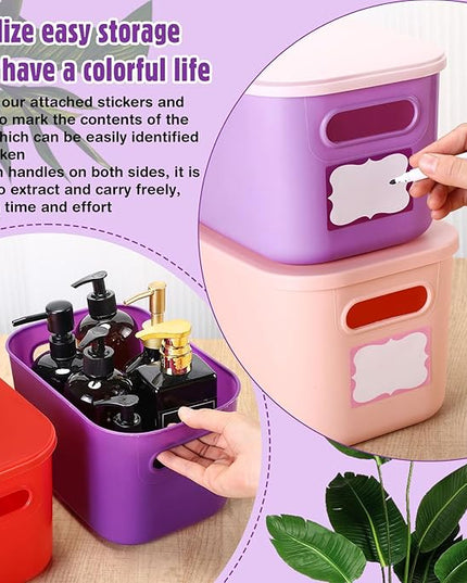 Thyle 24 Pack 7 Quarts Plastic Storage Bins for Christmas Storage with Lids Handles Colorful Stackable Desktop Box Bins with Label for Shelf Drawer,10 x 7 x 6 Inch (Vivid Color)