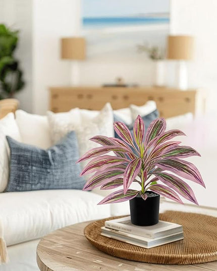 Artificial Plants Indoor with Pot, 19" Fake Potted Plants Medium Artificial Dracaena Plant in Black Pot Faux Tropical Plants for Bathroom Living Room Office Desk Shelf Decor