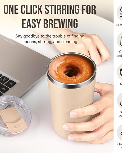 hatisan Self Stirring Coffee Mug With Lid Electric High Speed Self Stirring Mug 400ml Rechargeable Detachable Stainless Steel Self Stirring Cup for Coffee, Milk, Cocoa Christmas Gift(Apricot)
