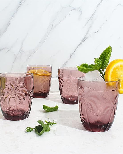M&N HOME Colored Whiskey Glasses, Set of 4 Colorful Drinking Glasses, 9 Oz Coconut Cups, Glass Tumblers, Glass Cups for Water and Juice, Tiki Cups, Tropical Themed Glassware Set - PURPLE SET
