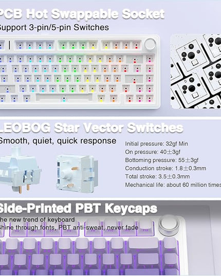 AULA F75 Pro Wireless Mechanical Keyboard,75% Hot Swappable Custom Keyboard,RGB Backlit,Pre-lubed Linear Switches,Side Printed PBT Keycaps Mechanical Gaming Keyboards,Gradient Purple