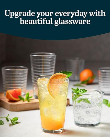 Libbey Hoops Tumbler and Rock Glass Set, Two Sized Nostalgic Retro Glass Cups Set, Dishwasher Safe Glasses Drinking Set of 16 for Any Occasion