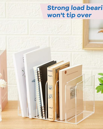 Suzile Clear Acrylic Magazine File Holder with Vertical Compartments Desk Organizer Book Rack for Desk Sorter Paper Folder Office Accessories (Classic,10.5 x 6.9 x 6.3 Inch)