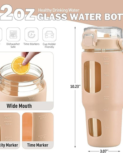 BLUEGO 32oz Glass Tumbler with Lid and Handle, Iced Coffee Cup with Straws, Glass Water Bottle with Silicone Sleeve and Volume, Marker Glass Cup with Time Marking, BPA Free, Amber