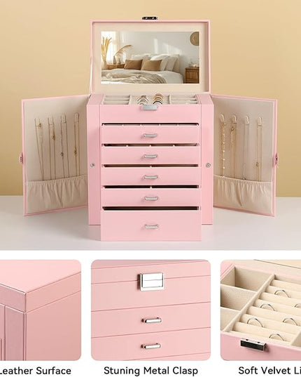 Frebeauty Large Jewelry Box,6-Tier PU Leather Jewelry Organizer,Multi-functional Storage Case with Mirror,Accessories Holder with 5 Drawers for Necklace Bracelets Watches(Pink)