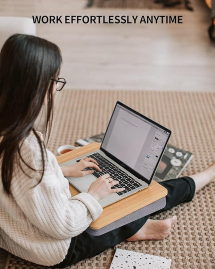 ZEAPTAC Lap Desk with Pillow Cushion, Portable Laptop Bed Desk, Fits up to 15.6 inch Laptop, Lap Stand for Bed & Couch & Carpet, Book Tablet/Drawing Board - Light Brown Wood