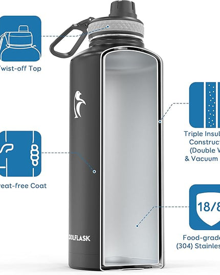 Insulated Water Bottle 87 oz with Straw, Coolflask 2/3 Gallon Stainless Steel Metal 3 Lids Large Water Jug for Sports or Office, Non-BPA Keep Cold Up to 48 Hrs or Hot Up to 24 Hrs, Magic Black