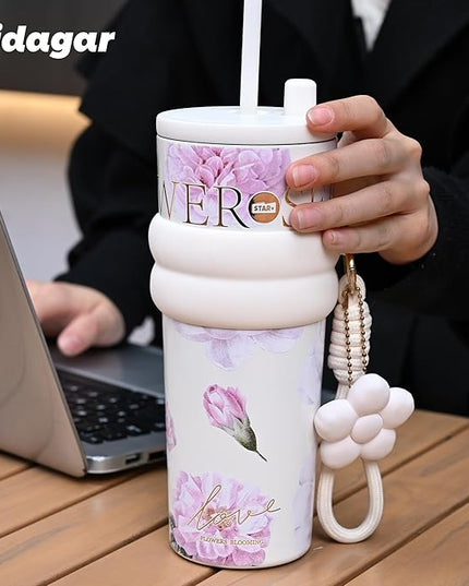 24 oz Stainless Steel Tumbler with Lid and Straw, Insulated Coffee Mug, Leak Proof, Portable Iced Travel Water Bottle, Reusable Thermal Coffee Cup, Floral White