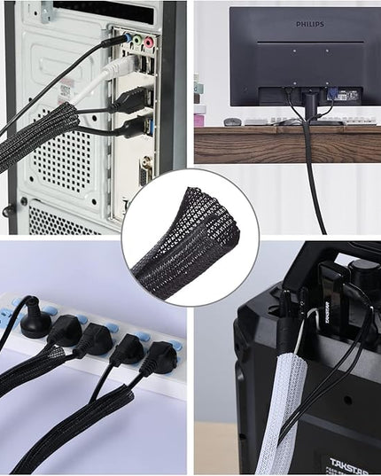 AGPTEK Cable Sleeve Cover, 2Pack 5ft - 1.8 inch Desk Cord Organizer Cable Hider, Home Office Wire Management Computer TV Wire Loom Tubing, Pet Proof Cord Protector, from Cat Dog Chewing, Black