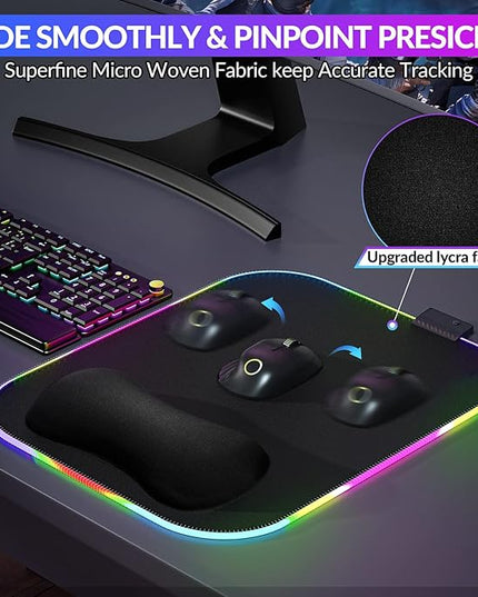 Gimars RGB Mouse Pad with Wrist Rest Support, 12 x 10 in Extra Large Ergonomic Gaming Mouse Pad with 10 LED Lighting Modes, Non-Slip Rubber Base for PC Gaming & Office