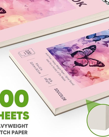 Soucolor 9" x 12" Cute Sketch Book, Aesthetic Cute Preppy Stuff School Supplies, 1-Pack 100 Sheets Spiral Bound Girls Sketchbook, (68lb/100gsm) Acid Free Drawing Book Paper Sketching Pad