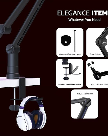 IXTECH Microphone Boom Arm with Desk Mount, 360° Rotatable, Adjustable and Foldable Scissor Mounting for Podcast, Video Gaming, Radio and Studio Audio, Sturdy and Universal - Elegance Model