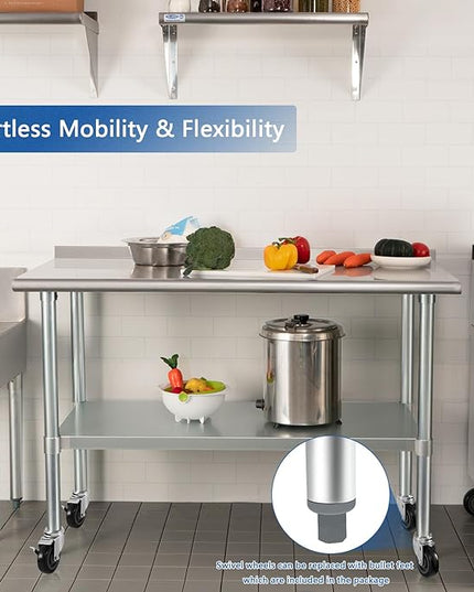 HARDURA Stainless Steel Table 30 x 60 Inches with Wheels Casters NSF Heavy Duty Commercial Prep Table with 2” Backsplash and Adjustable Undershelf for Restaurant Kitchen Home and Hotel