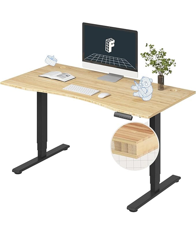 FlexiSpot E6 Bamboo 3-Stage Dual Motor Electric Standing Desk 55 x 28 Sit Stand Up Desk, Holds 220 lbs, Adjustable Height w/ Memory Presets, Solid Bamboo Curved Desktop & Black Frame, Ships in 2 Boxes
