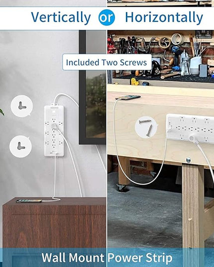 4000 Joules Power Strip Surge Protector, 15 FT Heavy Duty Extension Cord (1875W/15A), 12 Widely Spaced AC Outlets, Overload Protection, Wall Mount, ETL Listed, Ideal for Home, Dorm Essentials, White