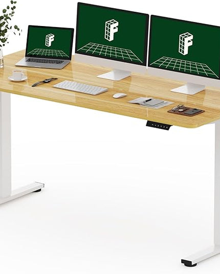 FLEXISPOT One-Piece Electric Standing Desk, 60 x 24 Inches Adjustable Desk with Seamless Desktop, Memory Controller Height Adjustment (White Frame + Maple Desktop, 2 Packages)