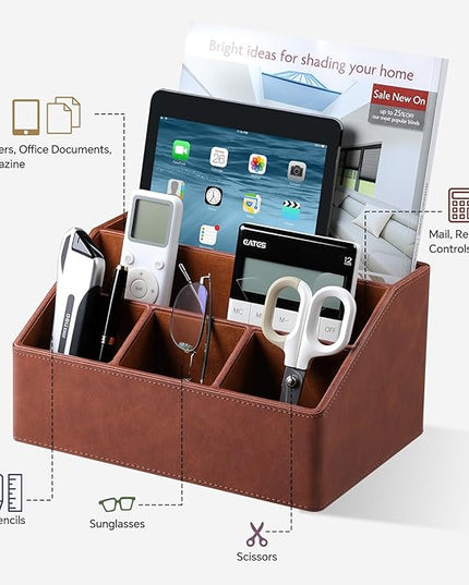 Cretkhp Remote Control Holder with 5 Compartments for Office Art Supplies, PU Leather Nightstand Organizer Pencil Pen Desk Caddy for Home, Desktop TV Remote Control Organizer Storage (Brown)