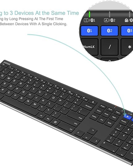 Arteck HB192 Universal Bluetooth Keyboard Multi-Device Stainless Steel Full Size Wireless Keyboard for Windows iOS Android Computer Desktop Laptop Surface Tablet Smartphone Rechargeable Battery