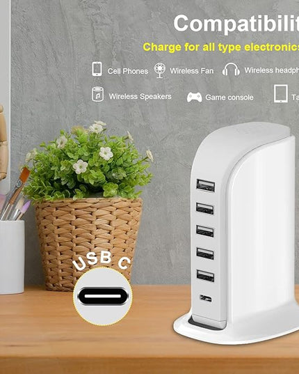 Charging Station for Multiple Devices 40W Upoy, Wall Charger Block 5 USB Ports(Shared 6A), USB Charging Hub Smart IC, Charger Tower with Type-C 3A for iPhone iPad Tablets Smartphones, Home Office Use