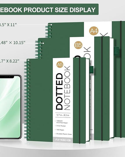 AHGXG Bullet Dotted Journal - Dot Grid Spiral Notebook 8.5" x 11", A4 Large Dotted Notebook, 100 GSM Thick Paper, Waterproof Plastic Cover Journals for Bullet Journaling, Sketching, Green