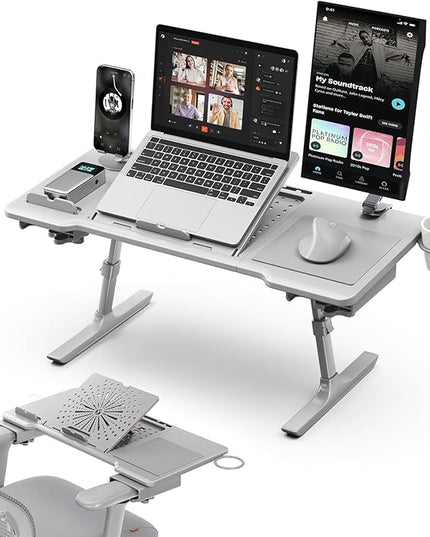 Newtral Laptop Bed Tray Desk, Height & Angle Adjustable Foldable Laptop Stand w/Cup Holder, Mousepad, Laptop Table Bookstand for Gaming, Working, Sofa & Office Chairs Use (Grey, Upgrade)