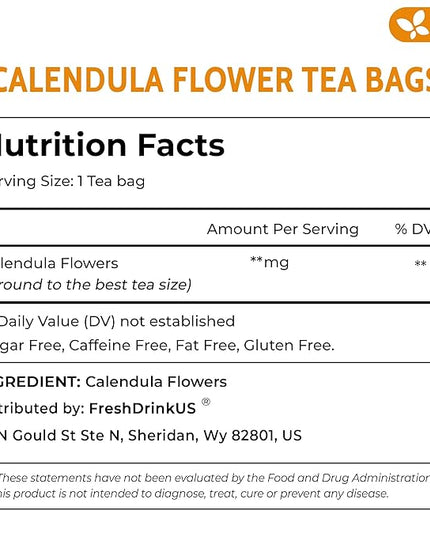 FreshDrinkUS, Premium 135 Calendula Tea Bags, 100% Natural and Pure Calendula Flowers, Eco-conscious Tea Bags. Herbal Tea. No Sugar, No Caffeine, No Gluten, Vegan.