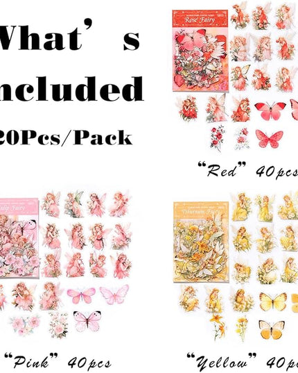 SIBLYMONA Vintage Fairy Stickers 120Pcs Transparent Stickers for Scrapbooking Journaling, Floral Butterfly Cottagecore Junk Journal Scrapbook Supplies, Rub On Transfers for Crafts (120, Pink)
