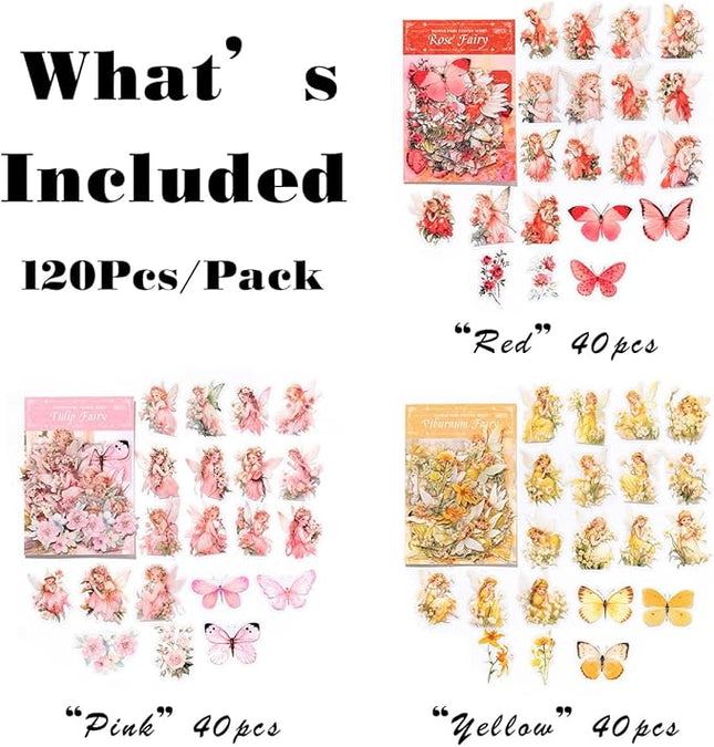 SIBLYMONA Vintage Fairy Stickers 120Pcs Transparent Stickers for Scrapbooking Journaling, Floral Butterfly Cottagecore Junk Journal Scrapbook Supplies, Rub On Transfers for Crafts (120, Pink)
