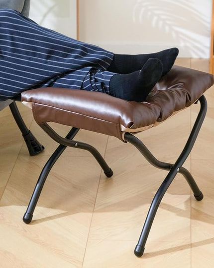 HollyHOME 15" H Folding Footrest Stool,Upholstered Foldable Ottoman with Padded Design. Features Metal Frame for Portability. Ideal for Sofas, Lazy Chairs,Living Room,Bedroom.PU Brown