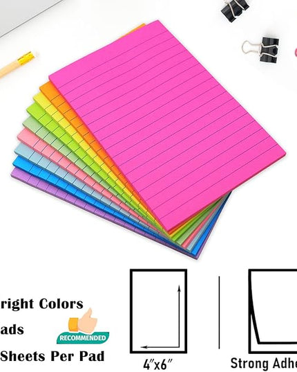 9 Pack Lined Sticky Notes 4x6 in Post Sticky Notes with Lines, 9 Bright Colors Self Sticky Notes Pad Its, Large Ruled Sticky Note for Office, Home, 35 Sheets/Pad
