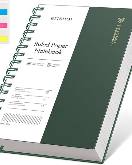 EMSHOI Lined Spiral Journal Notebook, A5 College Ruled Notebook, 300 Pages/150 Sheets, 100gsm Acid-Free Paper, Waterproof Softcover Notebook for School, Work, Note Taking, 5.7" × 8.22" - Dark Green