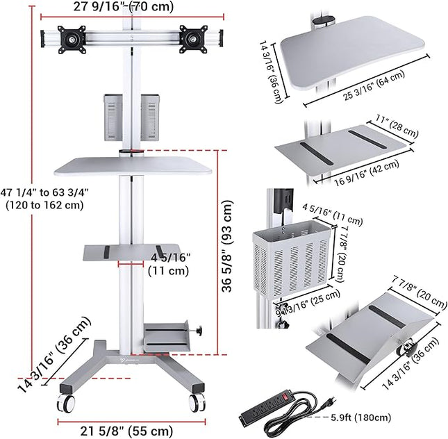 Yescom Mobile Computer Cart Rolling PC Stand Desk Workstation Dual Monitor Mount with Wheels Adjustable Keyboard Tray CPU Printer Holder for Hospital Clinic School Office Silver