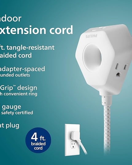 Philips EZGrip Indoor Extension Cord with Multiple Outlets, 3 Prong Grounded Cord, Short Extension Cord, Ergonomic Design, 16AWG, 4ft Braided Cord, ETL Listed, White, SPS3574W/37