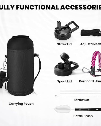 Insulated Water Bottle 32 oz, Triple Wall Vacuum Stainless Steel (Cold for 48 Hrs), Leak Proof & Non-BPA, Modern Water Flask Jug with Paracord Handle & Straw Spout Lids, Ombre Pink