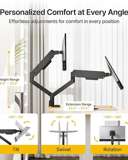 monTEK Dual Monitor Mount Monitor Arms for 2 Monitors for 17 to 35 Inch Curved Screen Holds 35 Lbs Adjustable Heavy Duty Monitor Desk Mount Cable Management, VESA 75/100mm,MA1007BK-D