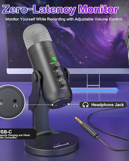 ZealSound Wireless Microphone,USB Mic for iPhone PC iPad Android Phone-Cordless Condenser Desktop Microphones with Mute Echo Monitor Volume Gain 2.4GHz for Podcast,ASMR,Gaming,YouTube Video/K66 Black