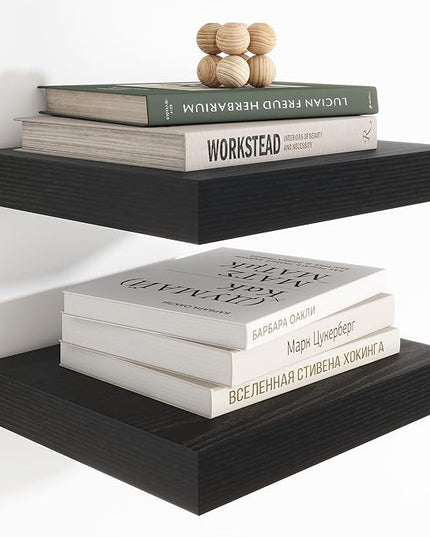 Heimlove 12 Inch Deep Floating Shelves, 12 x 12 inches Long Wall Shelf, Large Extra Display Shelf & Storage Shelf, Rustic Wood Wall Shelves for Fireplace Mantel, Black - 2Pack