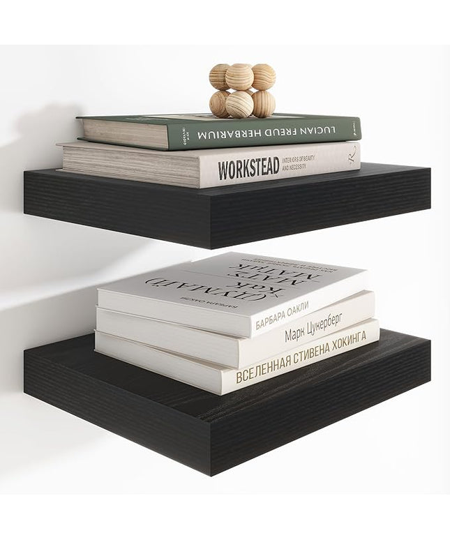 Heimlove 12 Inch Deep Floating Shelves, 12 x 12 inches Long Wall Shelf, Large Extra Display Shelf & Storage Shelf, Rustic Wood Wall Shelves for Fireplace Mantel, Black - 2Pack