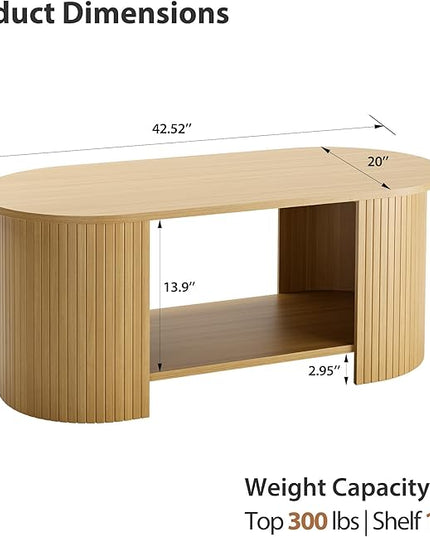 OneBlis Oval Fluted Coffee Table, 2-Tier Center Table with Large Storage, Mid-Century Modern Wood Coffees Table for Living Room, Home Office, Small Space, Oak