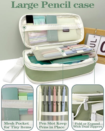 54PCS Aesthetic School Supplies with Large Pencil Case,12 Pastel Highlighters,5 Black & 6 Color Ink Gel Pens, 6-in-1 Ballpoint Pen,5 Mechanical Pencils 0.5-2.0mm Student Essentials (Green)