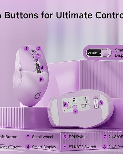 EWEADN Q1 Wireless Mouse, BT & 2.4G Silent Mouse Quiet Click with 1600 DPI Levels, Battery & DPI LED Screen Display, 6 Button Small Portable Bluetooth Mouse for Laptop/PC/Mac-Purple