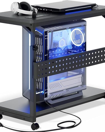 32" Large Computer Tower Stand with Power Strips, 4 Levels Manual Height Adjustable PC Tower Stand for Under Desk, Mobile Rolling CPU Holder Computer Cart with Wheels, Carbon Fiber Black